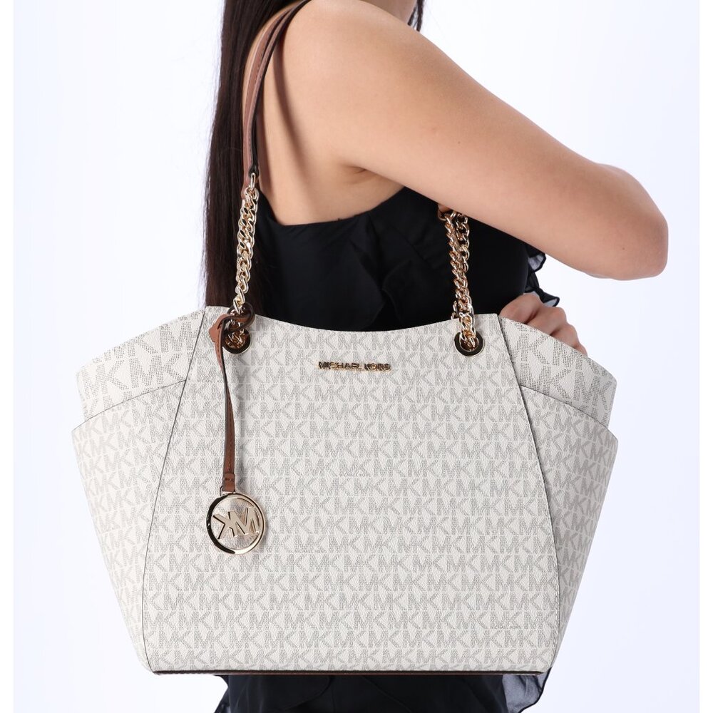Michael Kors Jet Set Travel Large Chain Shoulder Tote Vanilla MK Signature